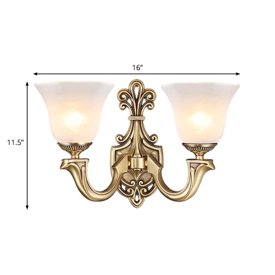 Traditional Bell Sconce White Glass 1/2 Heads Wall Mounted Lamp with Brass Carved Metal Arm