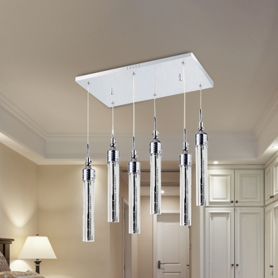 Tube Shaped Cluster Pendant Contemporary Crystal 6 Lights Chrome Ceiling Light in Warm/White Light