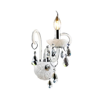 White Glass Candle Sconce Light Modern 1/2 Heads Wall Mount Light with Teardrop Crystal Drop