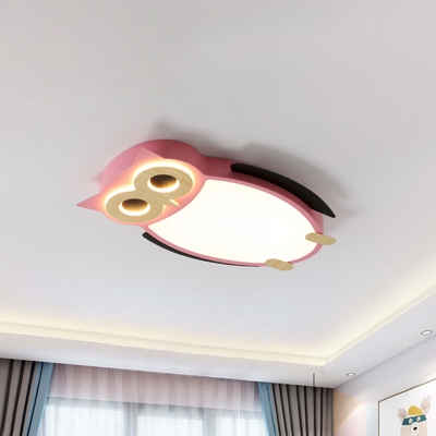 White/Pink/Blue Owl Flush Ceiling Light Cartoon Metal LED Integrated Flush Mount Lamp for Children