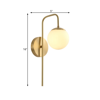1 Bulb Wall Mounted Lamp Minimal Sphere White Frosted Glass Sconce Lighting with Gold Gooseneck Arm