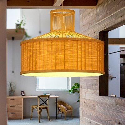 1 Light Drum Ceiling Pendant Light Bamboo Handmade Outdoor Hanging Lamp for Patio, 18