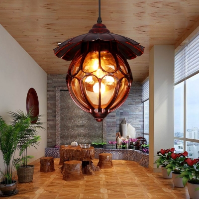 1 Light Globe Ceiling Lamp Farmhouse Copper Amber Glass Pendant Lighting Fixture for Dining Room with Scalloped Deco