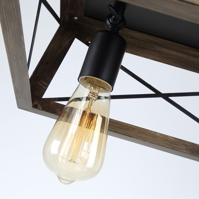 2-Light Wood Ceiling Lamp Farmhouse Brown Cuboid Frame Flush Mount Light Fixture