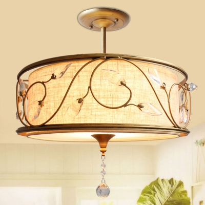 3-Light Round Semi Flush Lamp Traditional Golden Metal Ceiling Light with Crystal Element, 14