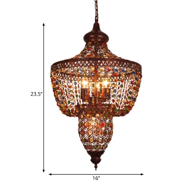 4 Lights Crystal Pendant Light Bohemia Metal Shade Hanging Ceiling Light in Antique Copper