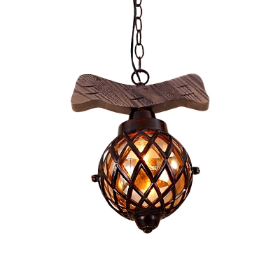 Amber Glass Ball Pendant Lamp with Wooden Base 1 Light Country Ceiling Hanging Light in Copper