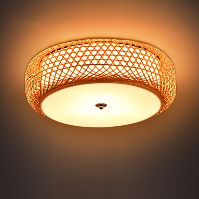 Asian Style Cage Flushmount Lighting Handmade Bamboo 3-Light Flush Lamp with White Inner Shade