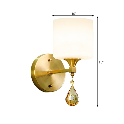 Brass 1/2-Bulb Wall Sconce Light Modern Stylish White Glass Drum Wall Mount Lamp with Amber Crystal Accent