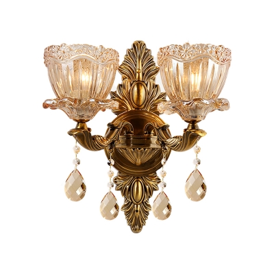 Brass Flower Sconce Light Contemporary 1/2 Heads Amber Glass Wall Mounted Light with Teardrop Crystal Accent