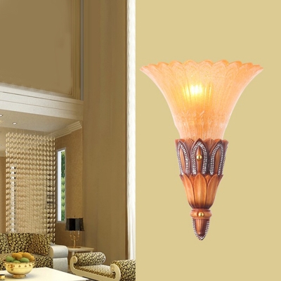 Brown 1-Light Flush Mount Colonialism Textured Glass Flared Wall Light Fixture for Living Room