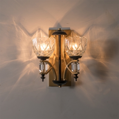 Clear Crystal Bowl Wall Light Sconce Vintage 2 Lights Wall Mounted Lamp in Gold Finish