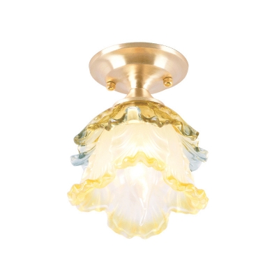 Clear Crystal Floral Ceiling Lamp Modernist 1 Light Balcony Ceiling Light Fixture in Brass Finish