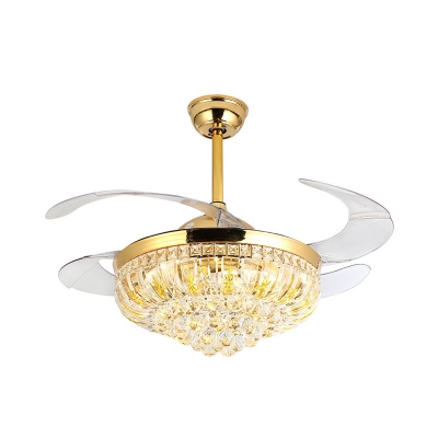 Crystal Ball Raindrop Ceiling Fan Light Modernism LED Gold Semi-Flush Mount Light for Bedroom, Wall/Remote Control/Frequency Conversion