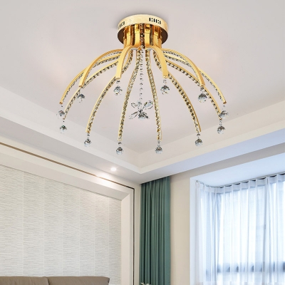 Crystal Sputnik Semi Flush Light Fixture Modern LED 12 Bulbs Gold Ceiling Lamp in White/Warm Light for Bedroom