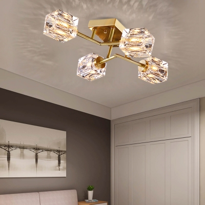 Cubic Semi Flush Mount Light Postmodern Dimple Crystal 4/6 Heads Gold Ceiling Fixture