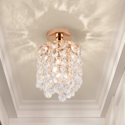 Cylinder Mini Semi Flush Ceiling Light Simplicity Crystal 1 Light Golden Corridor Flush Mount Ceiling Lamp