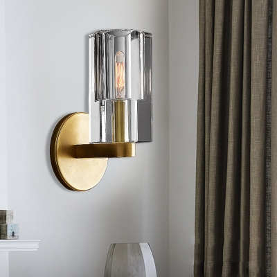 Faceted Wall Lighting Minimalist Clear Crystal 1 Light Sconce Light Fixture with Gold Brass Arm