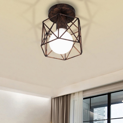 Farmhouse Hexagon Semi Flush Mount Light Iron 1 Bulb Indoor Ceiling Lamp with Wire Cage Shade in Antique Bronze