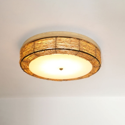 Handwoven Rattan Flush Ceiling Light with Round Shade 3 Bulbs 12.5/16.5 Inch Asian Flush Mount Lighting