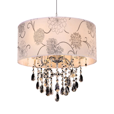 Printing Fabric Shade Pendant Light Crystal Vintage 5 Lights Ceiling Chandelier with Flower Pattern in Chrome