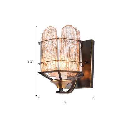 Rippled Glass Wall Light Fixture with Metal Cage Contemporary 1 Head Black Finish Flush Mount Wall Sconce