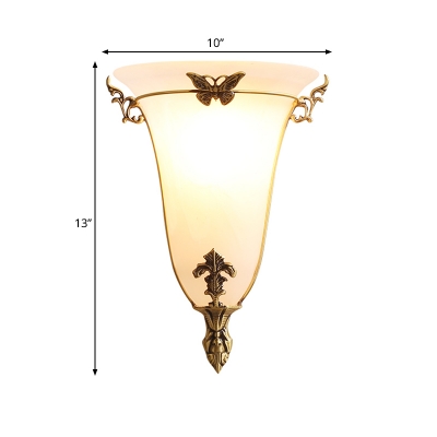 Rural Inverted Bell Flush Mount Single Head White Glass Wall Sconce for Dining Room