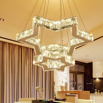 Six-Pointed Star Chandelier Light Simple Style Crystal Block Stainless-Steel LED Hanging Light in Warm/White/3 Color Light
