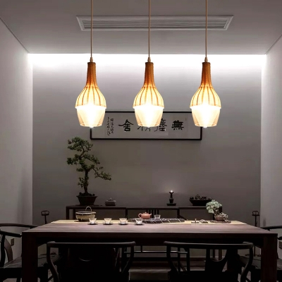 Woven Hanging Ceiling Light with Clear Glass Shade 1 Light Asian Pendant Lighting in Wood