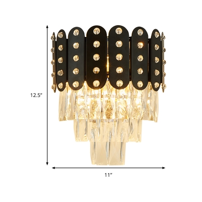 3 Lights 3 Tiers Wall Mounted Light Clear Faceted Crystal Contemporary Wall Lighting in Black