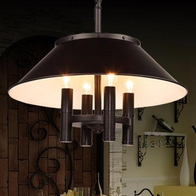 Black 4 Lights Chandelier Lamp Industrial Metallic Conical Shade Pendant Light Fixture for Dining Room