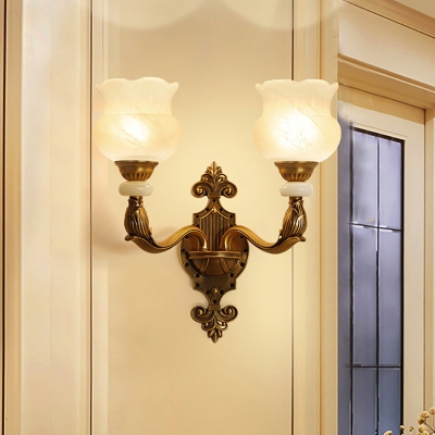 Brass 1/2-Bulb Wall Lamp Vintage Style Frosted Glass Petal Shade Sconce Light Fixture for Corridor