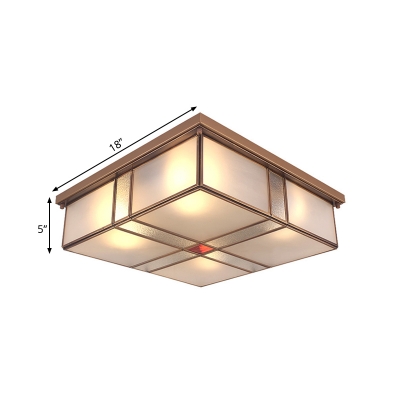 Brass 3/4 Heads Flush Mount Lamp Colonialism Sandblasted Glass Square Ceiling Fixture for Living Room