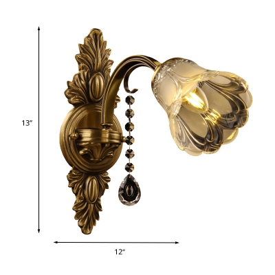 Brass Flower Wall Mount Light Traditional Frosted Glass 1 Head Living Room Sconce Light Fixture