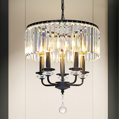 Candle Style Chandelier Lamp with Drum Clear Crystal Shade 5 Lights Modern Suspension Light in Black