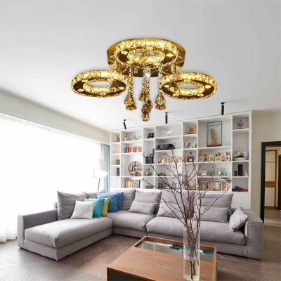Circle Flush Mount Light Modern Teardrop Crystal Chrome LED Ceiling Light Fixture in Warm/White/2 Color Light, 23.5