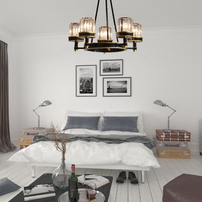 Clear Crystal Cylinder Chandelier Light Fixture Modern 5/6/8 Heads Black Hanging Lamp for Living Room
