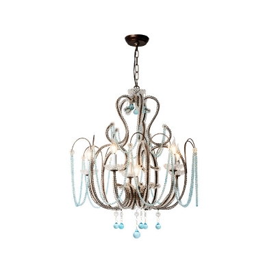 Country Style Pendant Light with Blue Crystal Drop 6 Lights Metal Chandelier Lamp with 19.5