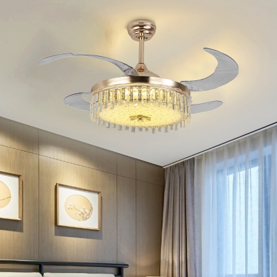 Crystal Drum Ceiling Fan Light Contemporary Gold Led Flush Mount with Remote Control/Wall Control for Bedroom
