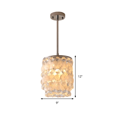 Cylindrical Pendant Lighting with Shell Decoration Modern 2 Bulbs Hanging Pendant Light in Chrome over Table
