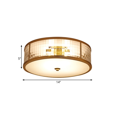 Drum Frosted Crystal Glass Ceiling Mounted Fixture Colonial 3/4/6 Bulbs Bedroom Flush Mount Ceiling Lamp in Brass, 14