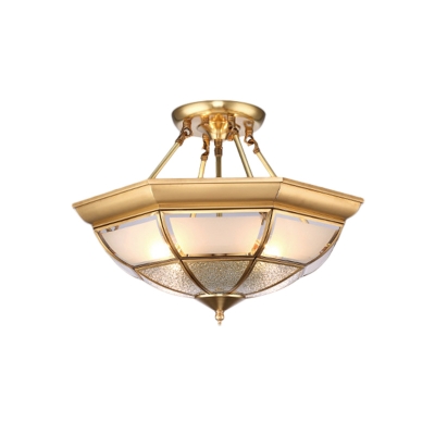 Frosted Glass Brass Ceiling Flush Bowl 4 Heads Colonialist Semi Flush Mount Chandelier for Living Room, 16