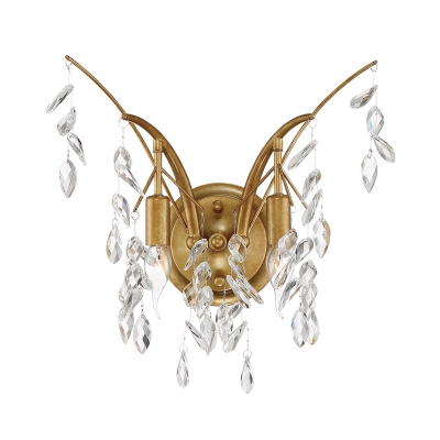Gold Branch Sconce Light Postmodern 2 Lights Metal Wall Light Fixture with Crystal Drop