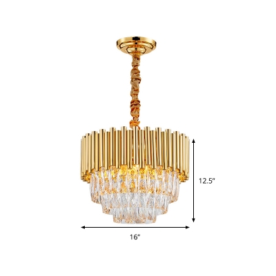 Golden Layered Hanging Chandelier with Crystal Prism Modernist 6/10/12 Bulbs Pendant Light Fixture in Gold Finish
