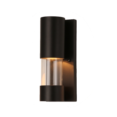 Industrial Style Cylinder Wall Sconce Light Metal and Clear Glass 1 Light Porch Wall Lighting in Black