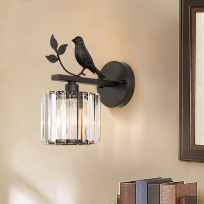 K9 Crystal Cylinder Wall Mounted Lamp Contemporary 1 Bulb Wall Sconce with Bird Accent in Black/Gold