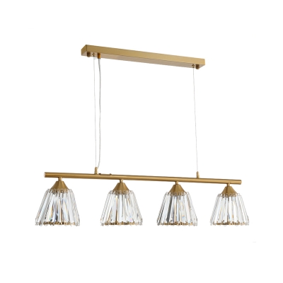 Linear Island Chandelier with Cone Clear Crystal Shade 3/4 Lights Mid Century Modern Hanging Light in Gold