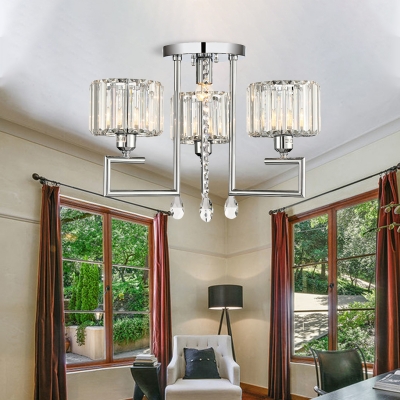 Modern 4/6-Head Semi Flush Mount Light Silver Drum Ceiling Light Fixture with Prismatic Crystal Shade and Droplets