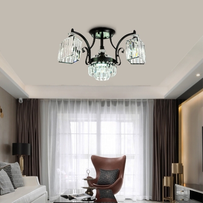 Rectangular-Cut Crystal Trapezoid Ceiling Lamp Modern 3 Heads Black Semi Flush Light in Warm/White Light