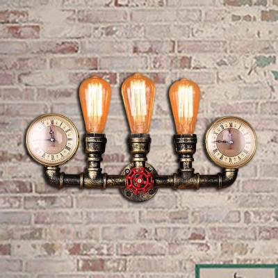 Rustic Stylish Pipe Wall Mount Lighting Wrought Iron 3-Light Indoor Wall Lighting with Gauge Deco in Antique Brass